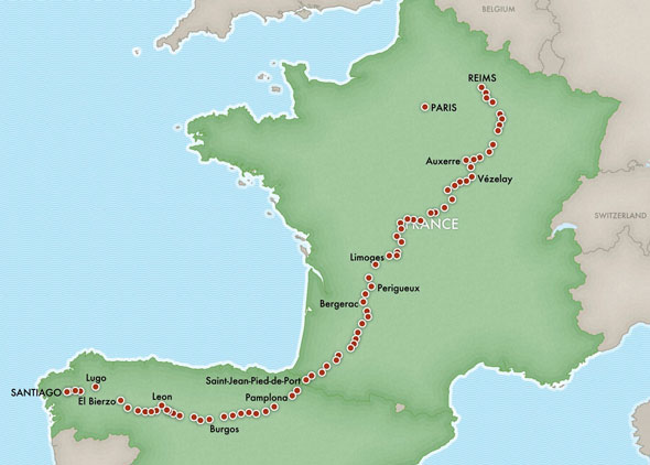 Map of Steve's 2005 walk from Reims, France to Santiago de Compostela, Spain