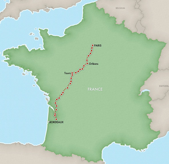 Map of Steve's 2007 walk through France from Paris to Bordeaux