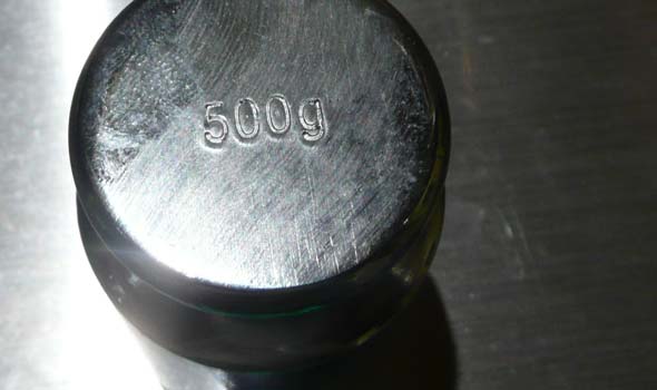 close-up of 500 gram calibration weight