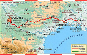 FFRP topo-guide map of route from Arles to Toulouse France