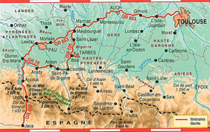 FFRP topo-guide map of route Toulouse France to Jaca, Spain
